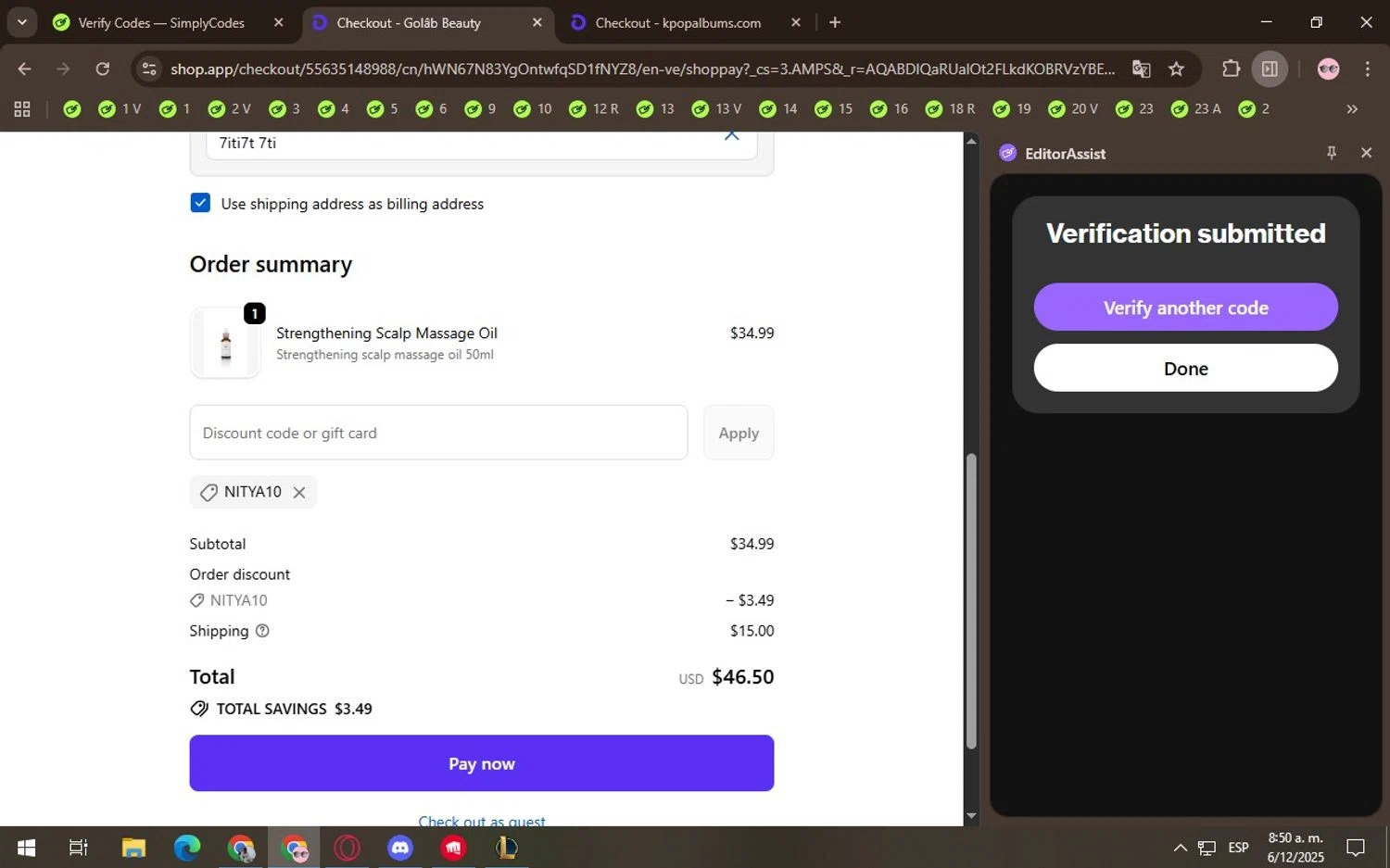 Golab Beauty discount code screenshot showing code NITYA10 applied at Golab Beauty checkout page. Uploaded by SimplyCodes community member Locura on Dec 6, 2025