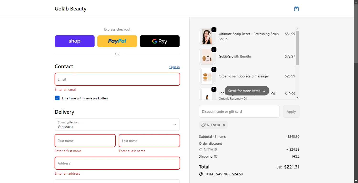 Golab Beauty discount code screenshot showing code NITYA10 applied at Golab Beauty checkout page. Uploaded by SimplyCodes community member SavvyHawk1474 on Oct 21, 2025