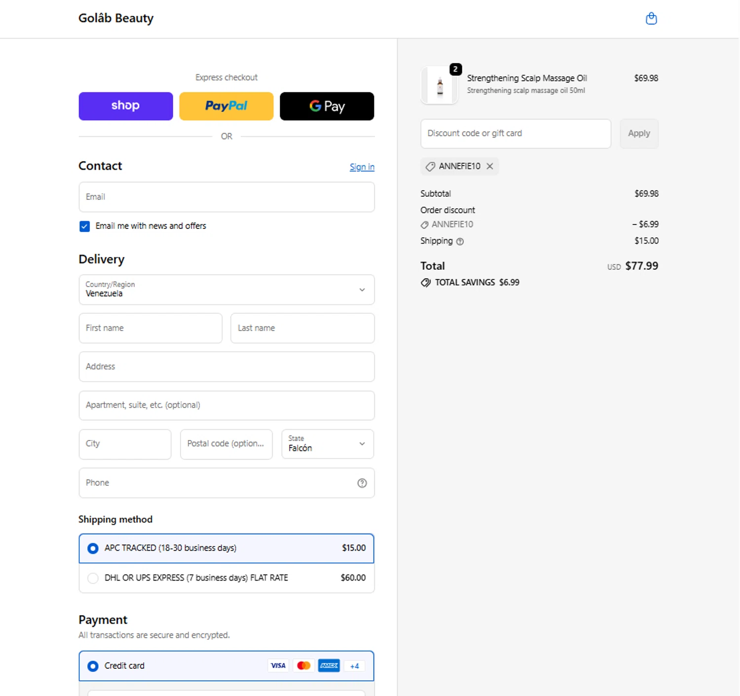Golab Beauty discount code screenshot showing code ANNEFIE10 applied at Golab Beauty checkout page. Uploaded by SimplyCodes community member reggiesmith on Jan 25, 2026