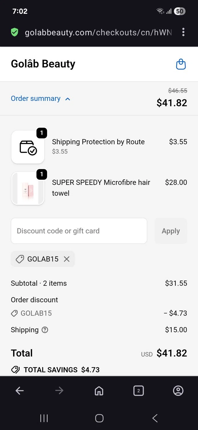 Golab Beauty discount code screenshot showing code Golab15 applied at Golab Beauty checkout page. Uploaded by SimplyCodes community member BB9542251456527 on Sep 26, 2025