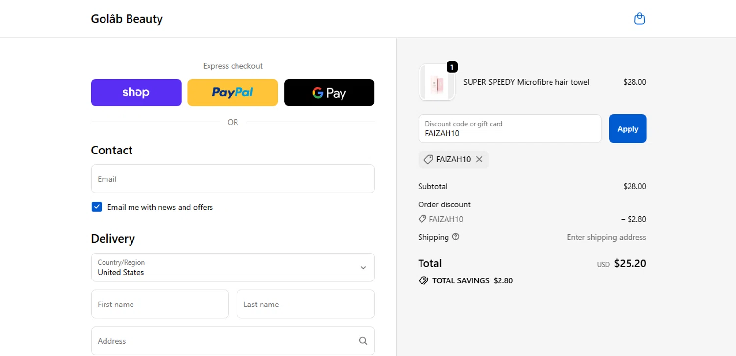 Golab Beauty discount code screenshot showing code FAIZAH10 applied at Golab Beauty checkout page. Uploaded by SimplyCodes community member shark12 on Sep 18, 2025