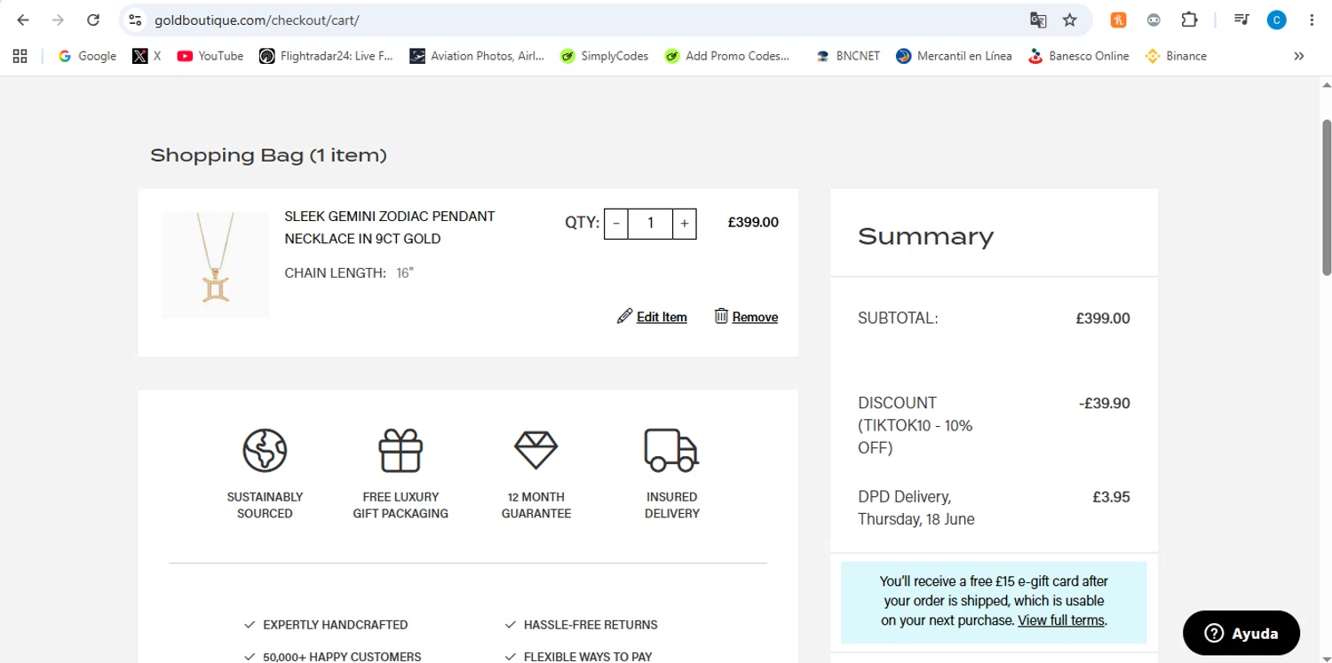 Gold Boutique promo code screenshot showing code TIKTOK10 applied at Gold Boutique checkout page. Uploaded by SimplyCodes community member victor on Jun 3, 2026