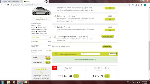 GOLDCAR checkout page showing GOLDCAR promo code box | Screenshot taken by SimplyCodes community member on Oct 19, 2021