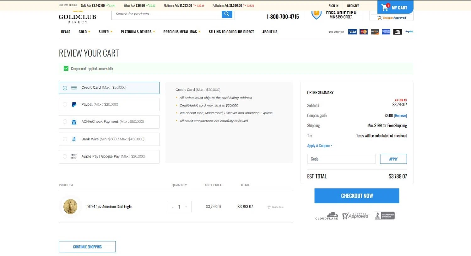 GoldClub Direct promo code screenshot showing code Gcd5 applied at GoldClub Direct checkout page. Uploaded by SimplyCodes community member BargainRanger2568 on Jun 14, 2025