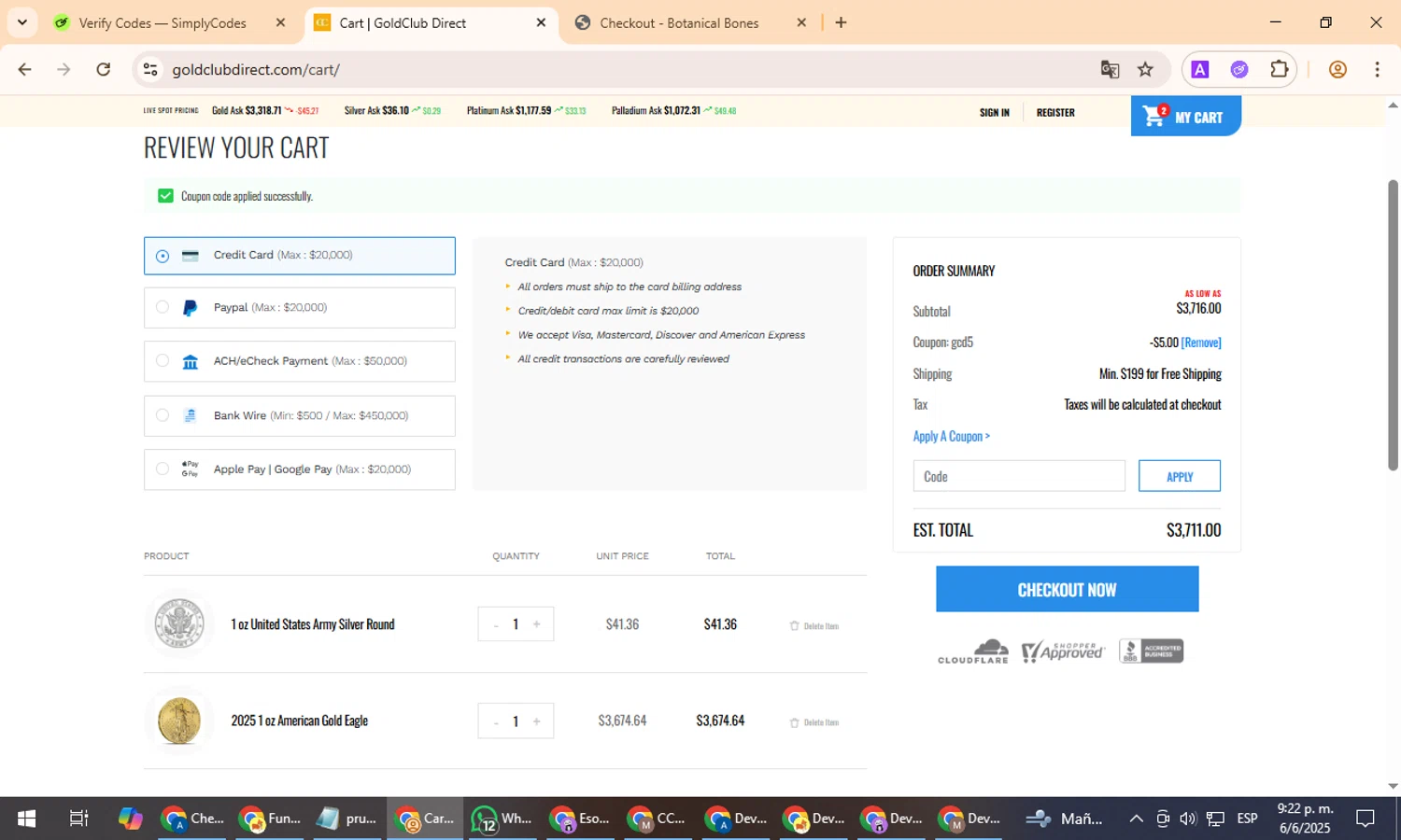 GoldClub Direct promo code screenshot showing code Gcd5 applied at GoldClub Direct checkout page. Uploaded by SimplyCodes community member TreasurePro466 on Jun 7, 2025