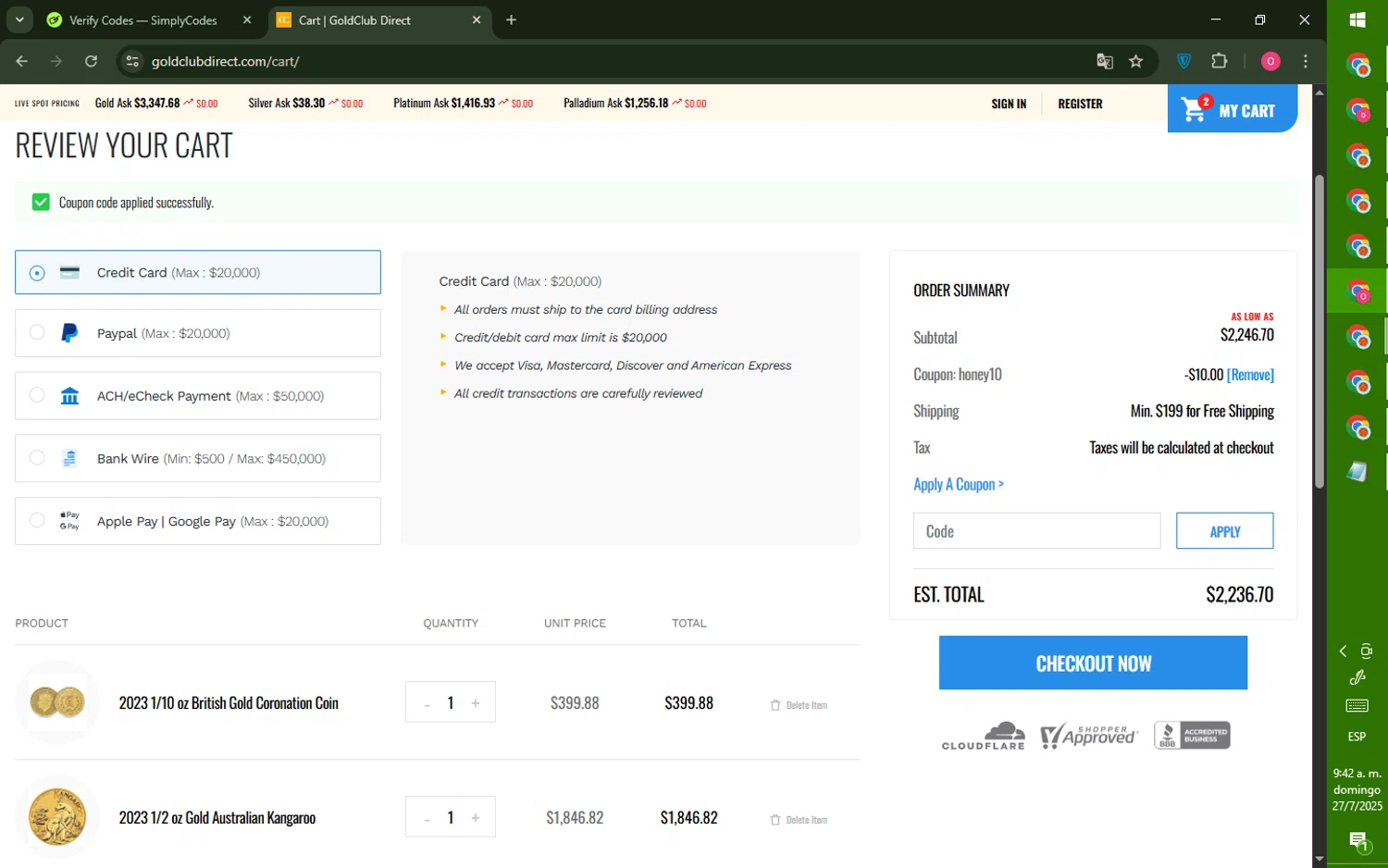 GoldClub Direct promo code screenshot showing code HONEY10 applied at GoldClub Direct checkout page. Uploaded by SimplyCodes community member LegendaryRanger6350 on Jul 27, 2025
