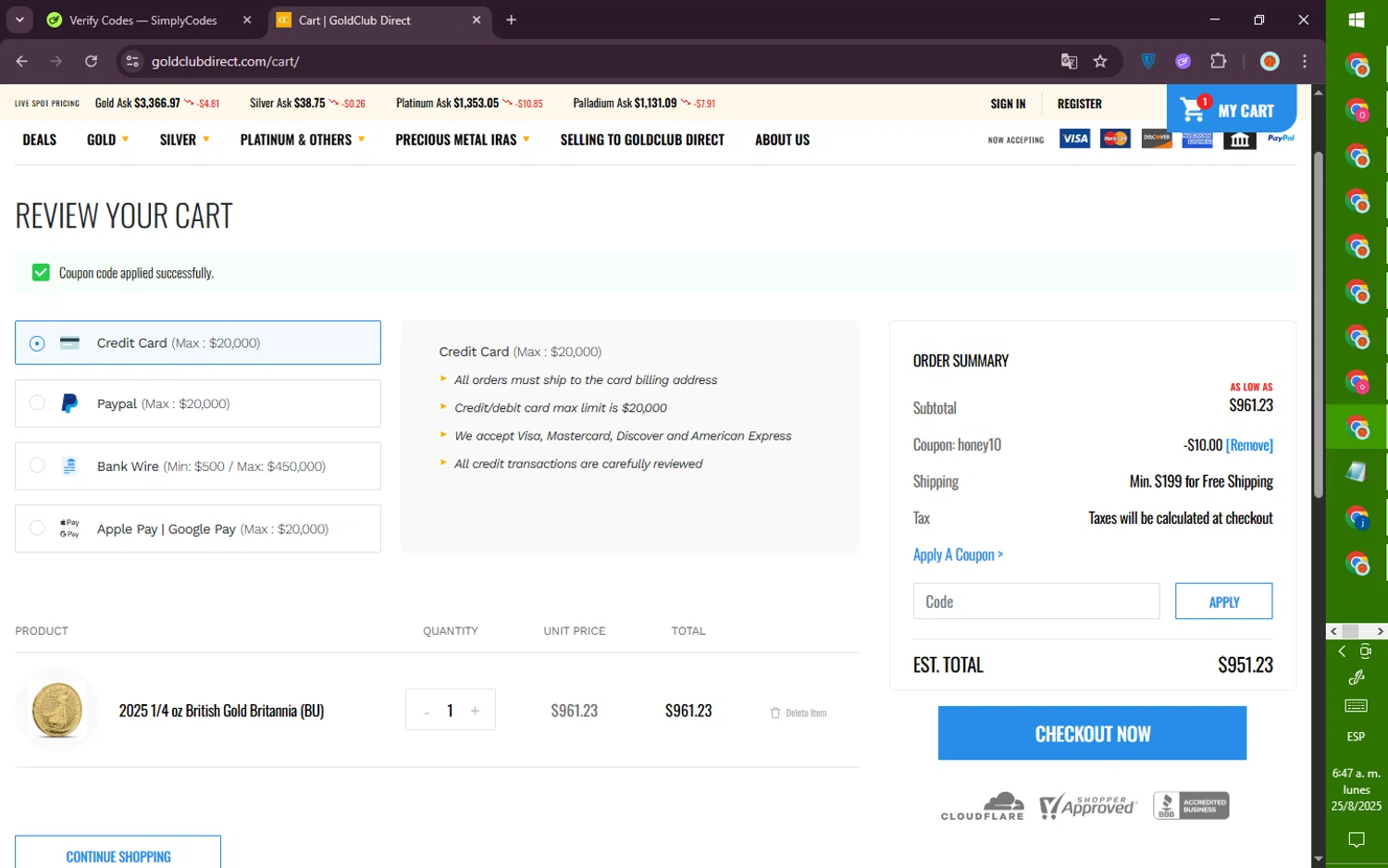 GoldClub Direct promo code screenshot showing code HONEY10 applied at GoldClub Direct checkout page. Uploaded by SimplyCodes community member PromoVoyager8446 on Aug 25, 2025