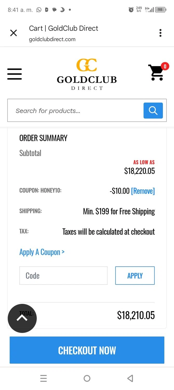 GoldClub Direct promo code screenshot showing code HONEY10 applied at GoldClub Direct checkout page. Uploaded by SimplyCodes community member coromotopalmar on Sep 23, 2025