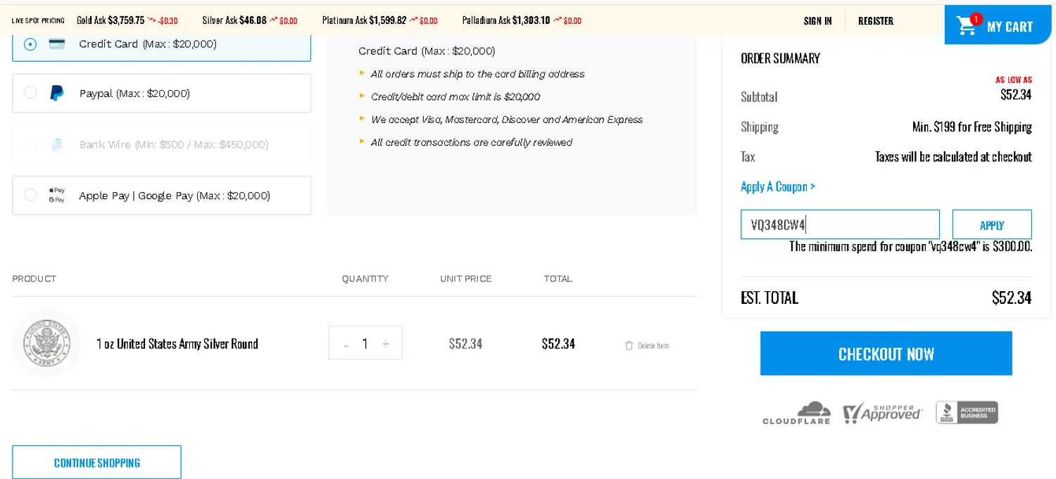 GoldClub Direct promo code screenshot showing code VQ348CW4 applied at GoldClub Direct checkout page. Uploaded by SimplyCodes community member pkwhite on Sep 28, 2025