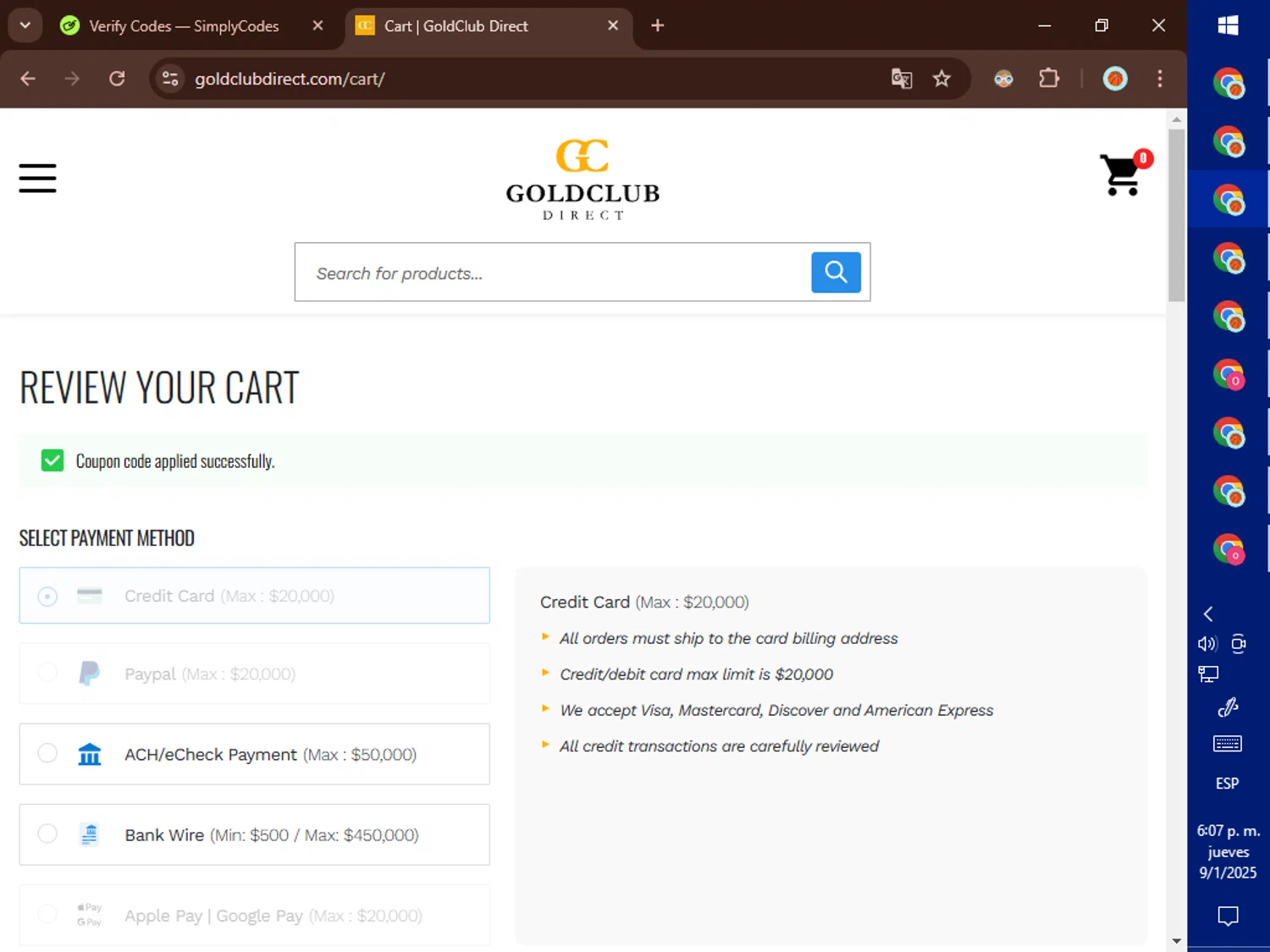 GoldClub Direct promo code screenshot showing code VQ348CW4 applied at GoldClub Direct checkout page. Uploaded by SimplyCodes community member DealElite4728 on Jan 9, 2025