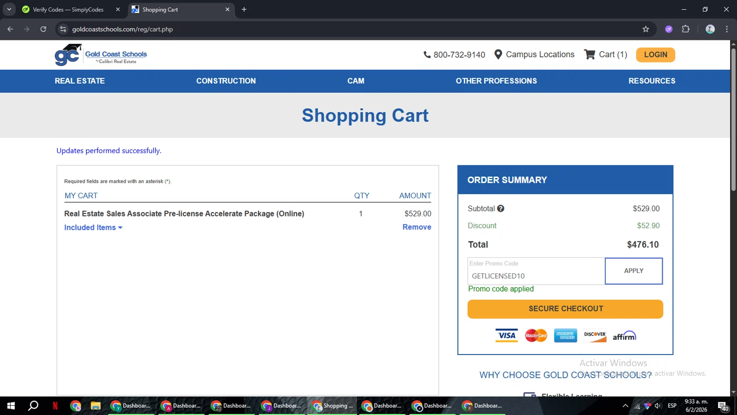 Gold Coast Schools promo code screenshot showing code GETLICENSED10 applied at Gold Coast Schools checkout page. Uploaded by SimplyCodes community member ShrewdSeeker6165 on Feb 6, 2026