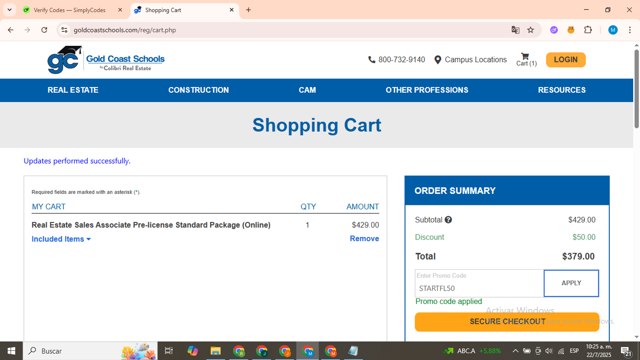 Gold Coast Schools checkout page showing Gold Coast Schools promo code box | Screenshot taken by SimplyCodes community member on Jul 22, 2025