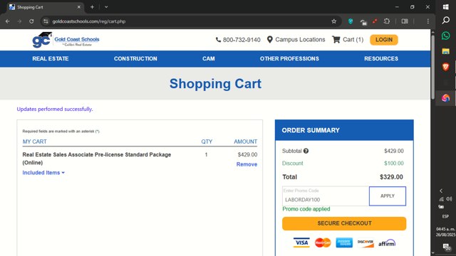 Gold Coast Schools checkout page showing Gold Coast Schools promo code box | Screenshot taken by SimplyCodes community member on Aug 26, 2025