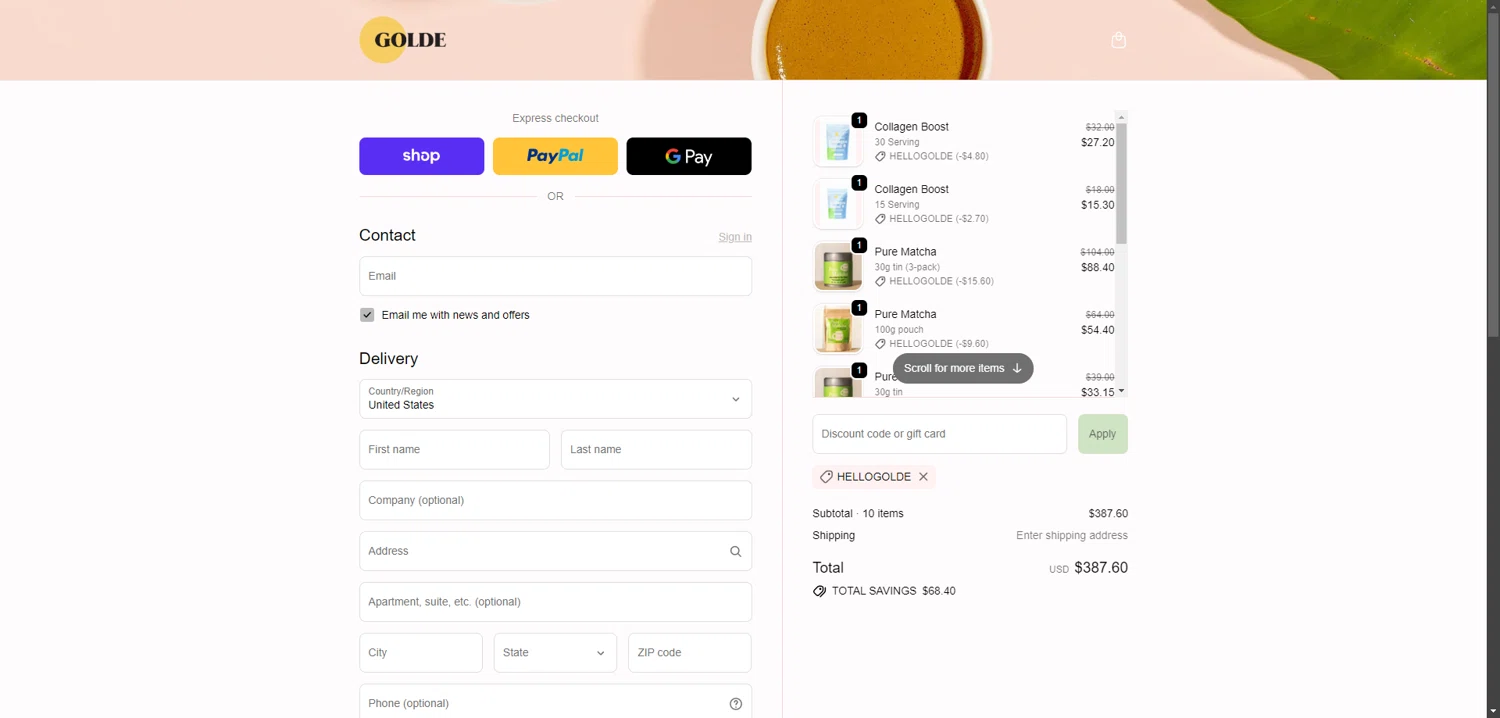 Golde checkout page showing Golde discount code box | Screenshot taken by SimplyCodes community member on Feb 6, 2026