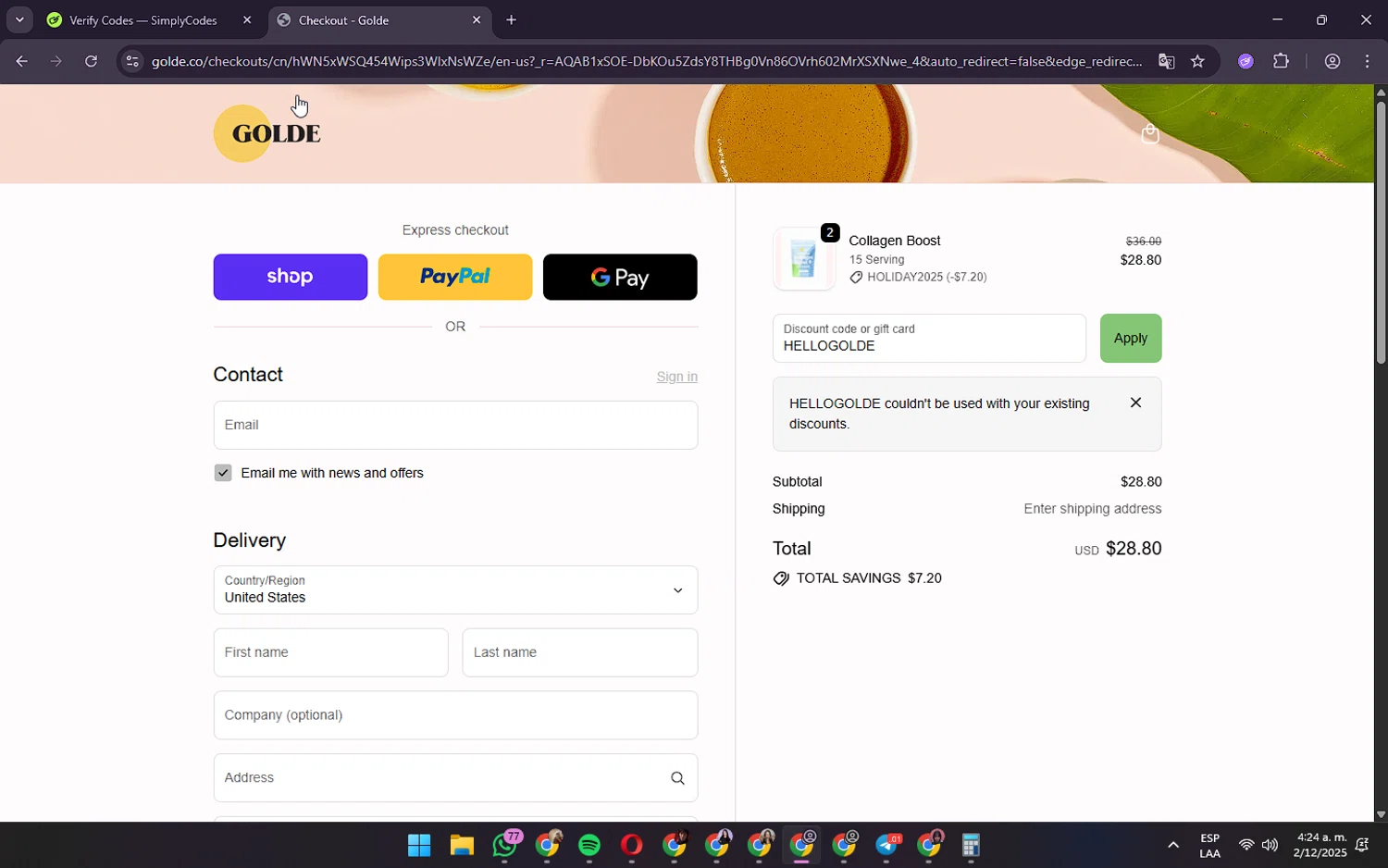 Golde discount code screenshot showing code HELLOGOLDE applied at Golde checkout page. Uploaded by SimplyCodes community member Vicjeny19 on Dec 2, 2025