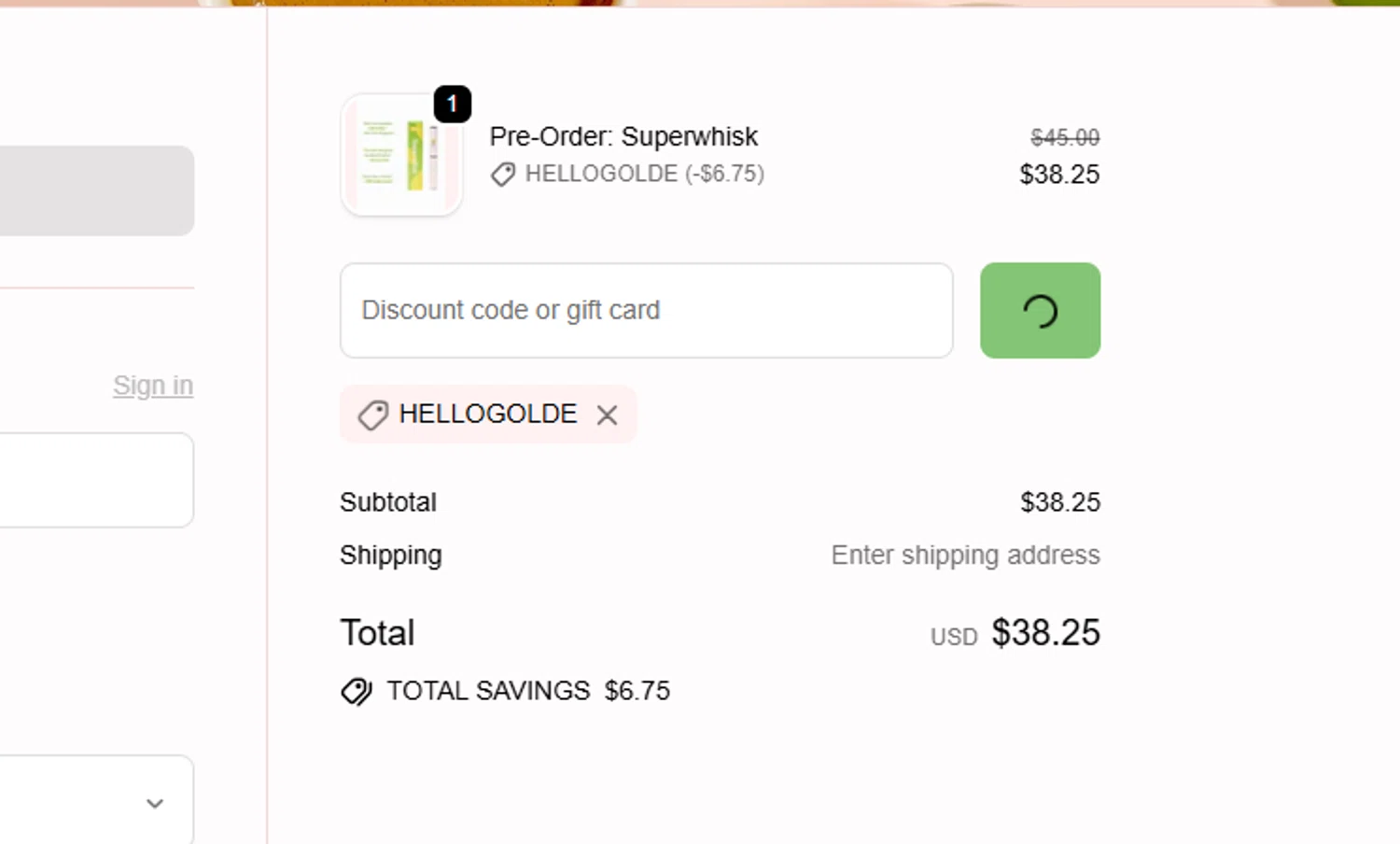 Golde discount code screenshot showing code HELLOGOLDE applied at Golde checkout page. Uploaded by SimplyCodes community member Usermarielinda on Nov 11, 2025