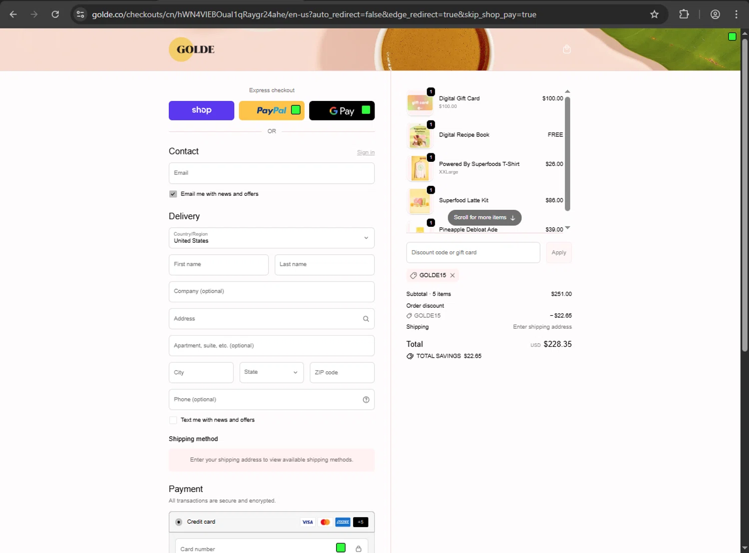 Golde discount code screenshot showing code GOLDE15 applied at Golde checkout page. Uploaded by SimplyCodes community member verify_codes on Oct 25, 2025