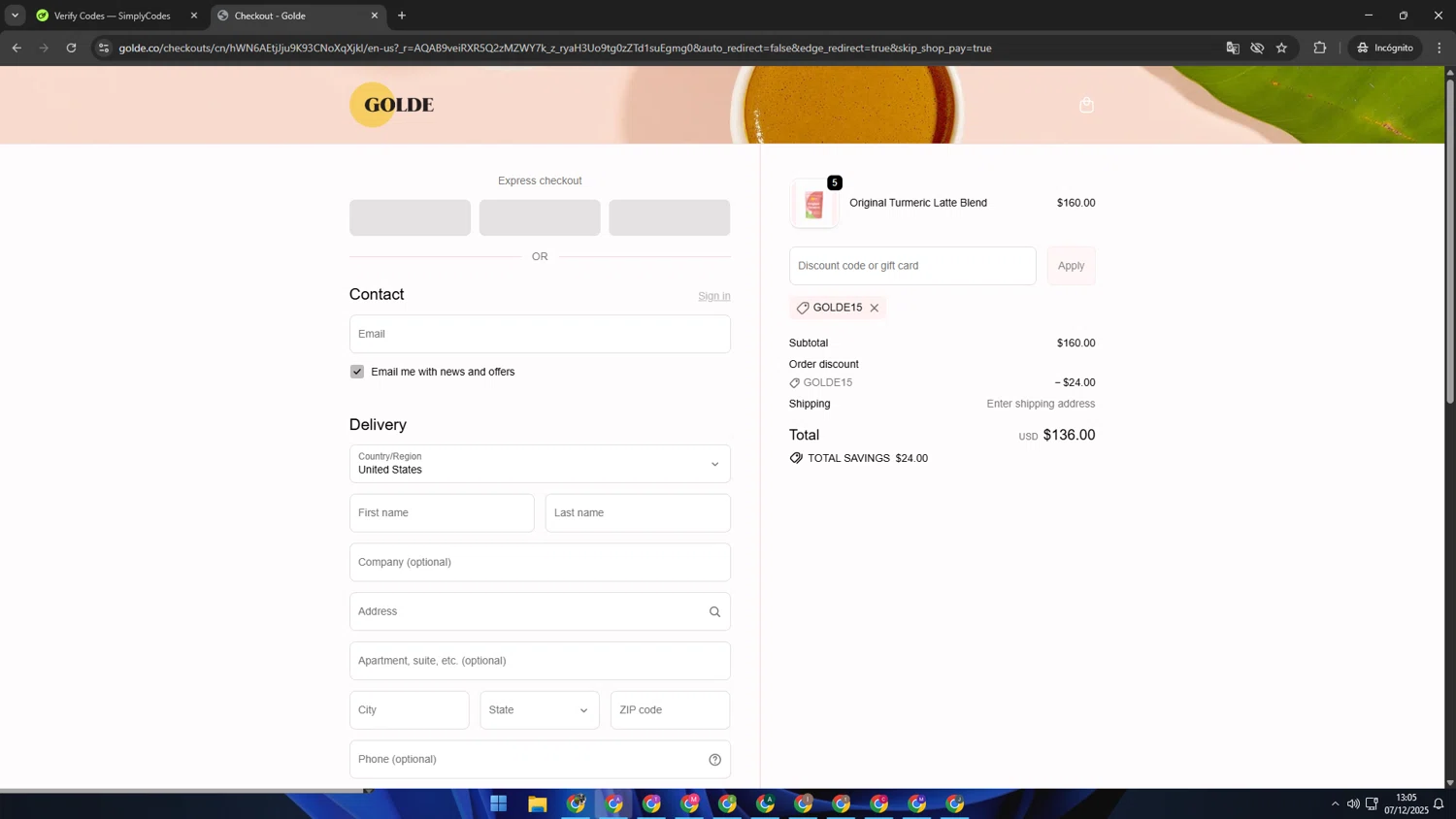 Golde discount code screenshot showing code GOLDE15 applied at Golde checkout page. Uploaded by SimplyCodes community member SAKURA on Dec 7, 2025