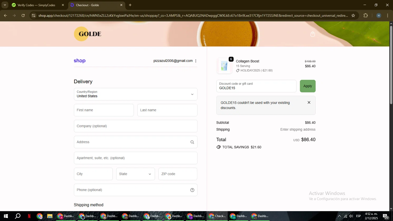 Golde discount code screenshot showing code GOLDE15 applied at Golde checkout page. Uploaded by SimplyCodes community member YAMAHA on Dec 2, 2025