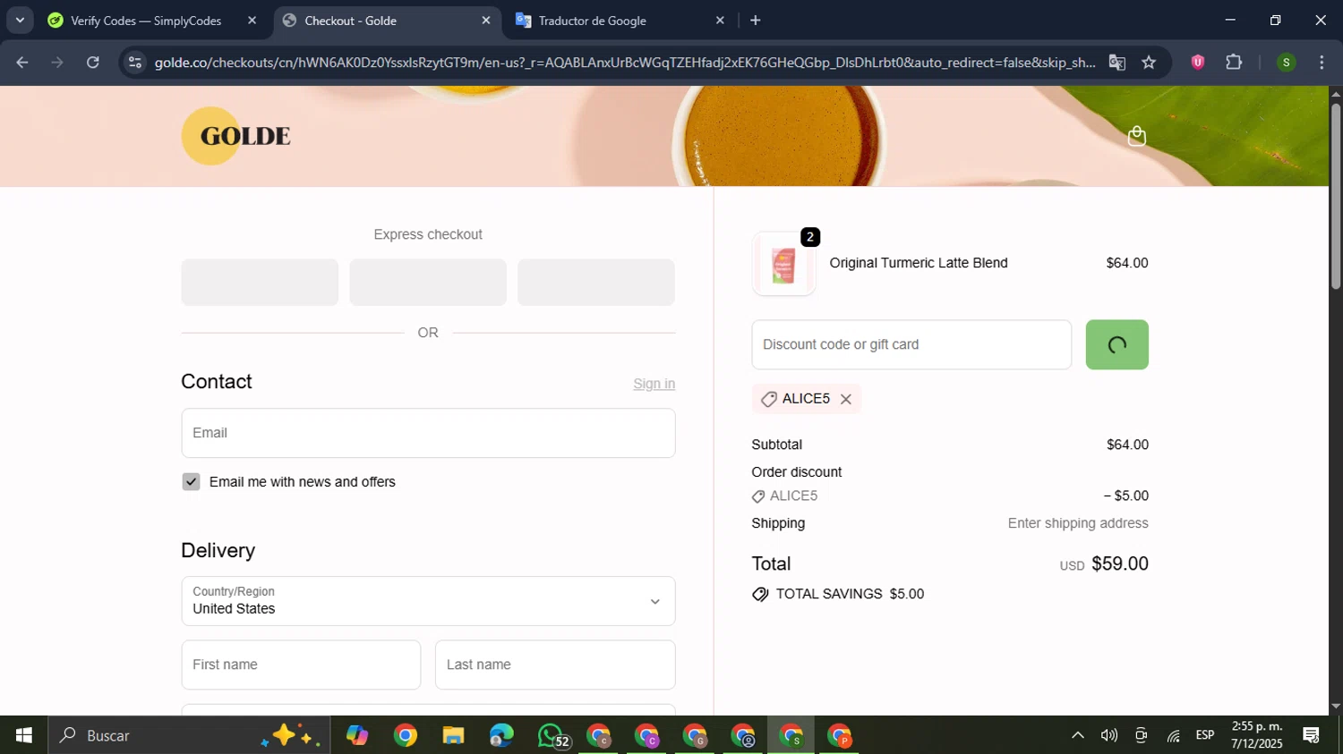 Golde discount code screenshot showing code ALICE5 applied at Golde checkout page. Uploaded by SimplyCodes community member RewardMaverick445 on Dec 7, 2025