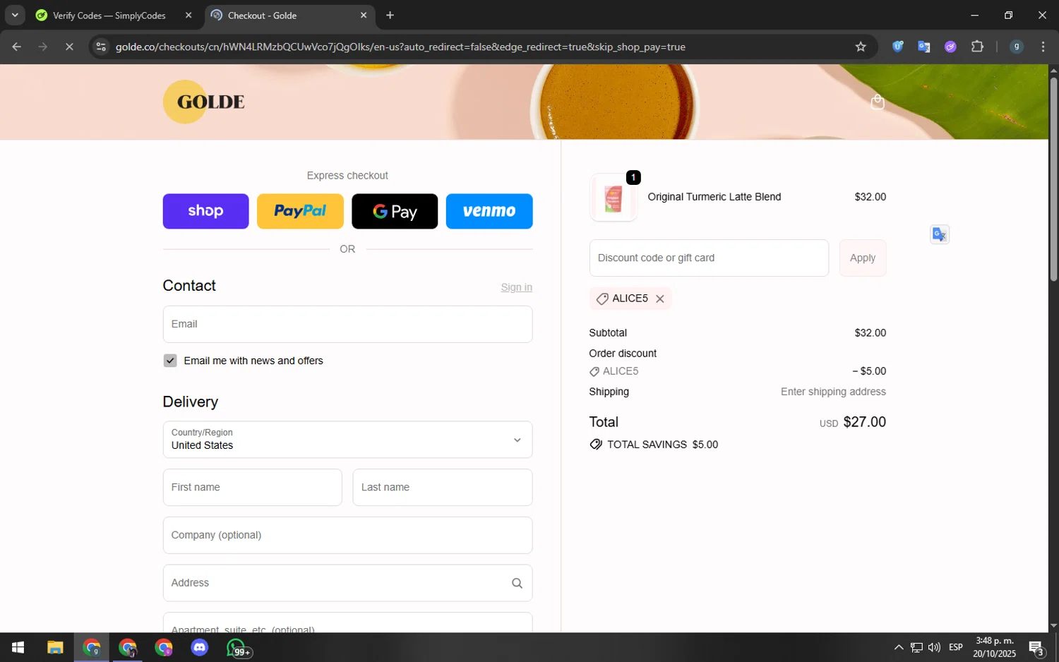 Golde discount code screenshot showing code ALICE5 applied at Golde checkout page. Uploaded by SimplyCodes community member youngchecker2 on Oct 20, 2025