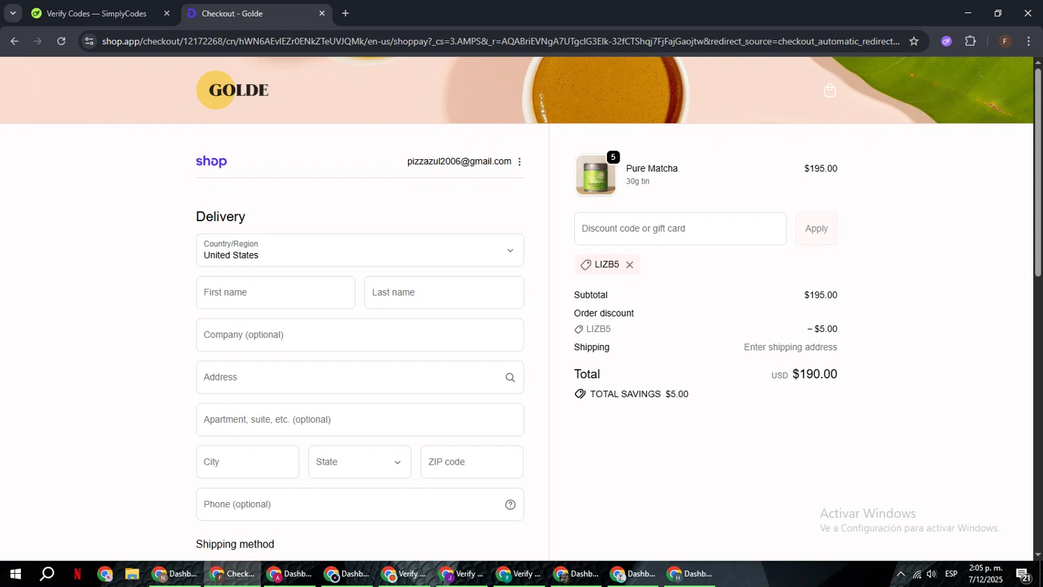Golde discount code screenshot showing code LIZB5 applied at Golde checkout page. Uploaded by SimplyCodes community member ExtraordinaryHunter3076 on Dec 7, 2025