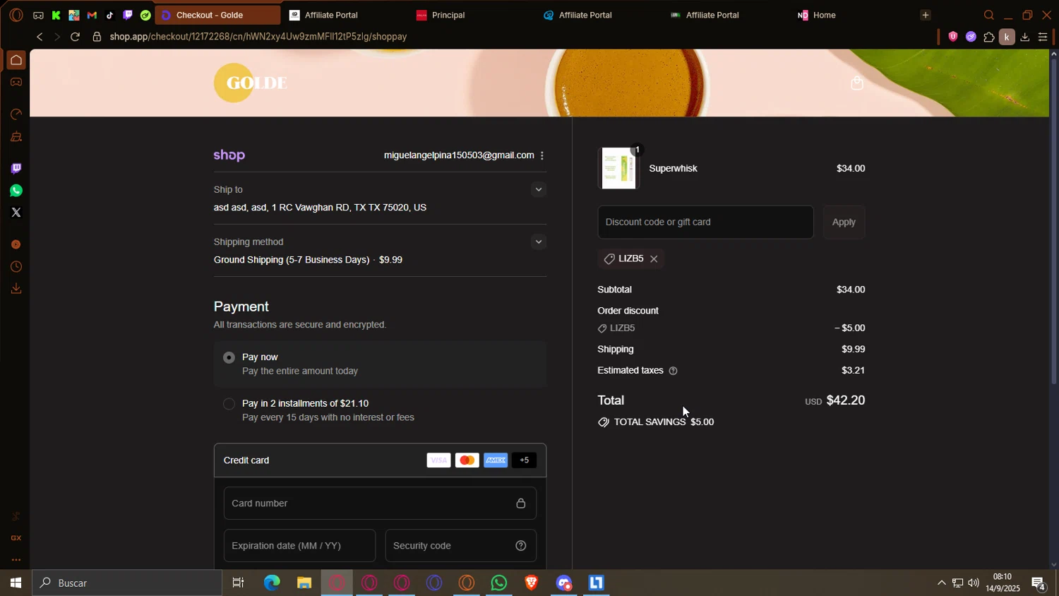 Golde discount code screenshot showing code LIZB5 applied at Golde checkout page. Uploaded by SimplyCodes community member Gon_Freecss on Sep 14, 2025