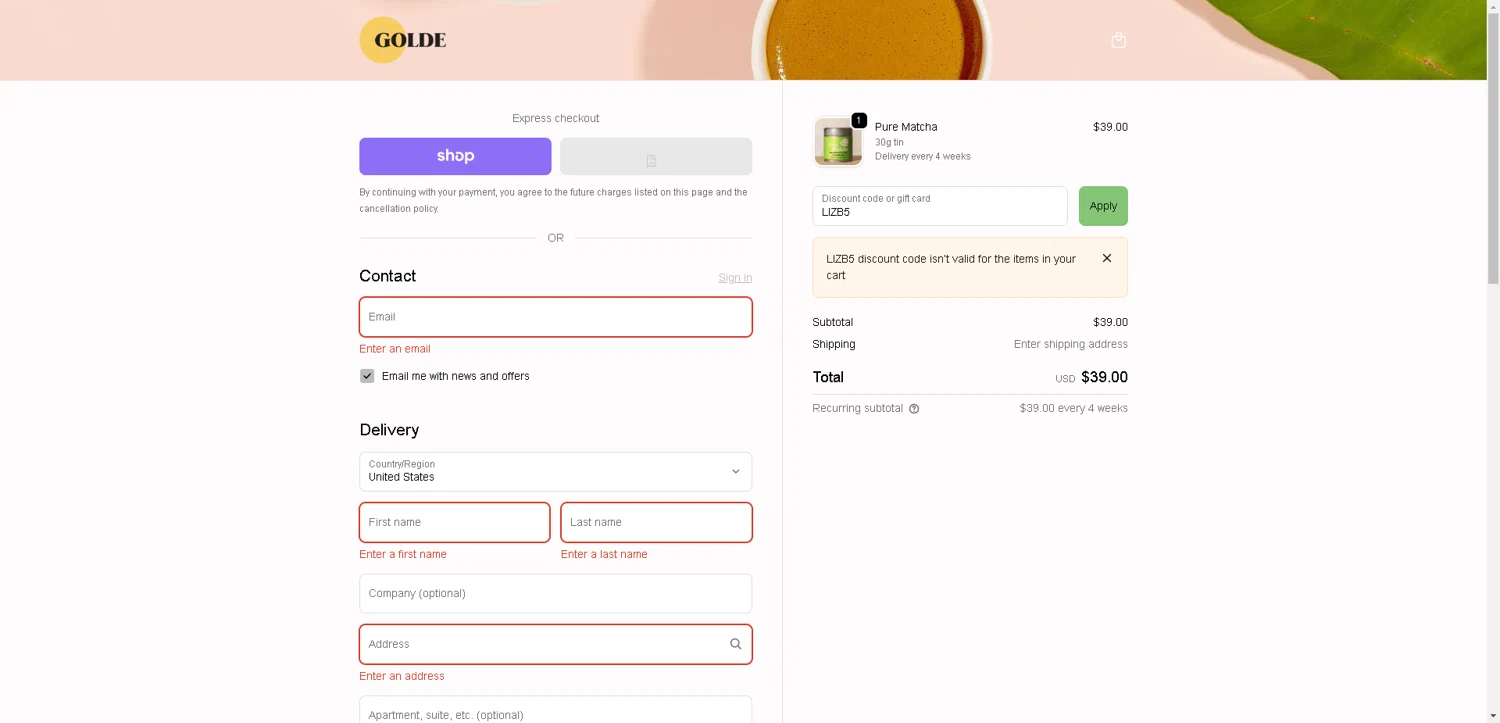 Golde discount code screenshot showing code LIZB5 applied at Golde checkout page. Uploaded by SimplyCodes community member ValueWarden2887 on Nov 11, 2025