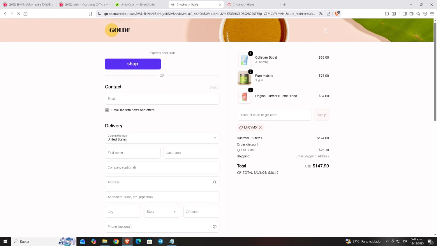 Golde discount code screenshot showing code LUCYM5 applied at Golde checkout page. Uploaded by SimplyCodes community member Carloscoder_900457733 on Dec 13, 2025