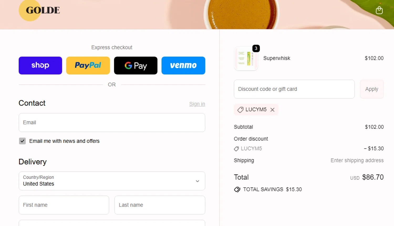 Golde discount code screenshot showing code LUCYM5 applied at Golde checkout page. Uploaded by SimplyCodes community member LALOCOMOTORA10 on Sep 18, 2025