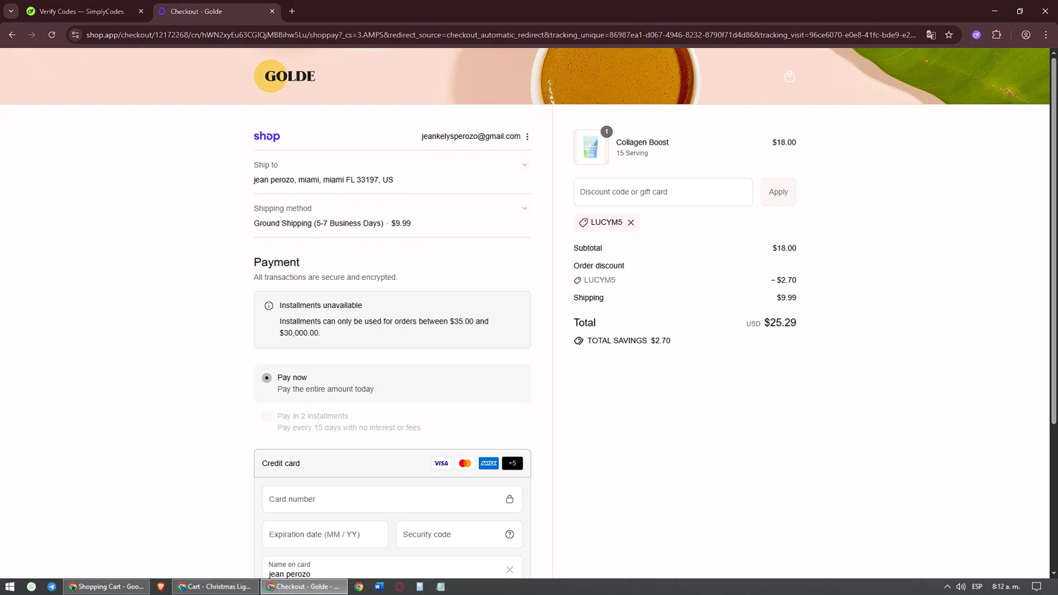 Golde discount code screenshot showing code LUCYM5 applied at Golde checkout page. Uploaded by SimplyCodes community member jesuscondez on Sep 14, 2025