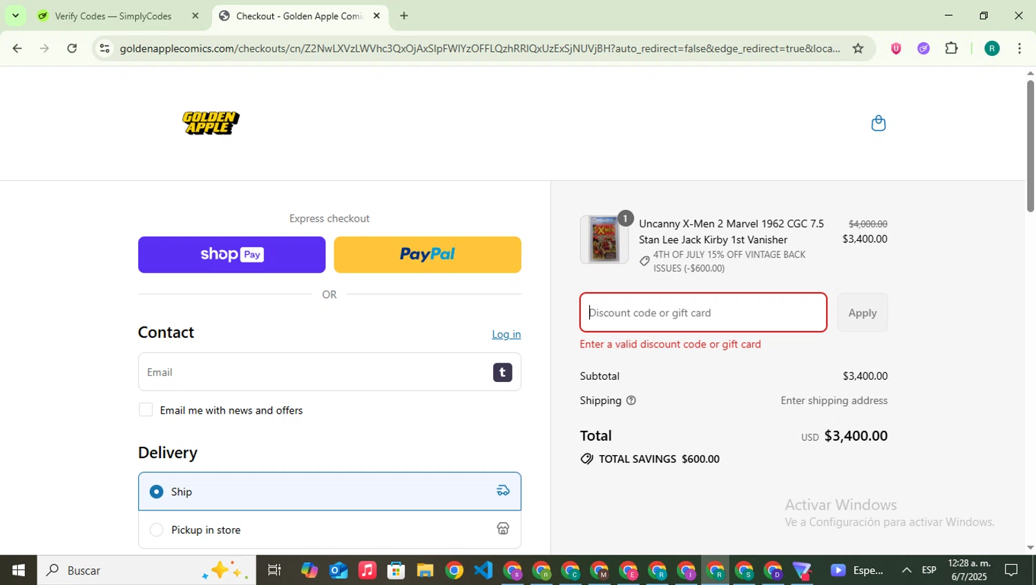 Golden Apple Comics discount code screenshot showing code B3G3 applied at Golden Apple Comics checkout page. Uploaded by SimplyCodes community member SavingsLegend387 on Jul 6, 2025