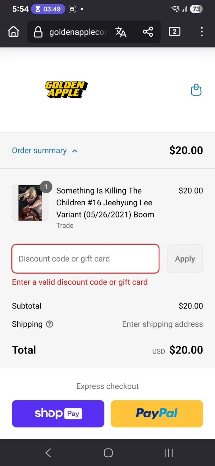 Golden Apple Comics discount code screenshot showing code 15%OffVintage applied at Golden Apple Comics checkout page. Uploaded by SimplyCodes community member TULA515 on Jul 7, 2025