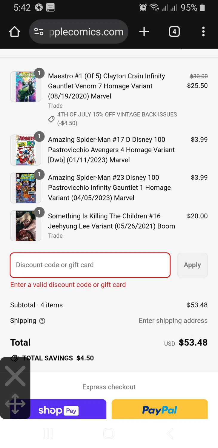 Golden Apple Comics discount code screenshot showing code 15%OffVintage applied at Golden Apple Comics checkout page. Uploaded by SimplyCodes community member TreasureLynx6841 on Jul 7, 2025