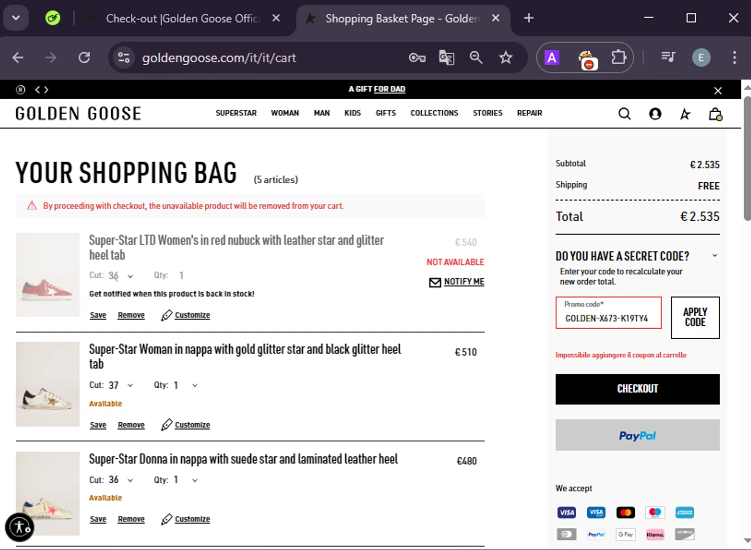 Golden Goose discount code screenshot showing code GOLDEN-X673-K19TY4 applied at Golden Goose checkout page. Uploaded by SimplyCodes community member LuckyExpert7689 on Mar 8, 2025