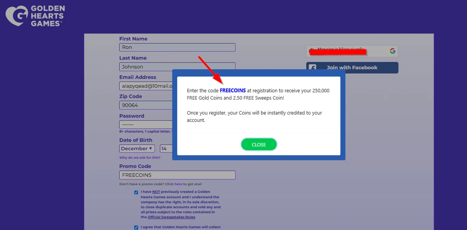 Golden Hearts Games promo code screenshot showing code FREECOINS applied at Golden Hearts Games checkout page. Uploaded by SimplyCodes community member SimplyCVerlie on Feb 28, 2025