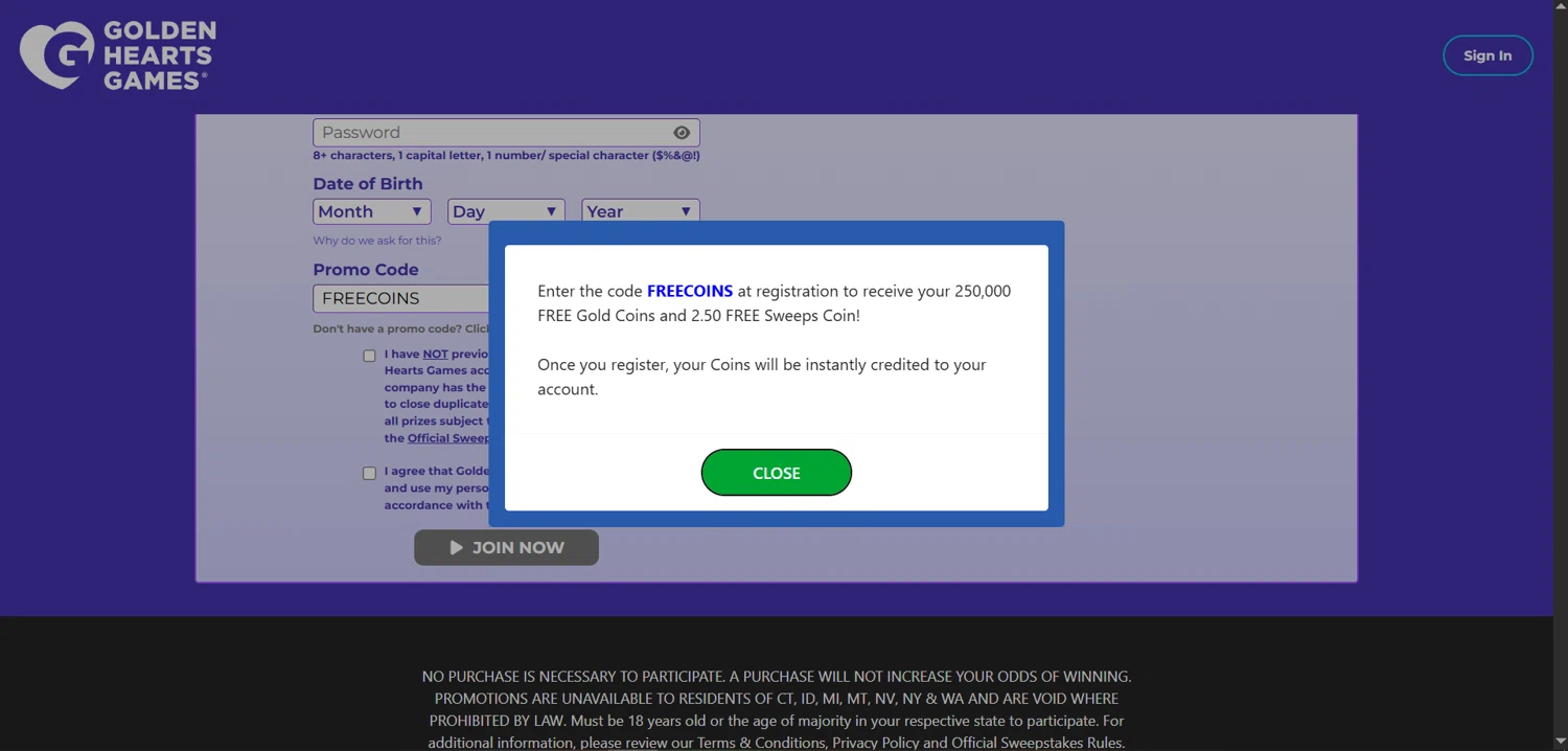 Golden Hearts Games promo code screenshot showing code FREECOINS applied at Golden Hearts Games checkout page. Uploaded by SimplyCodes community member rapiddeals on Jul 14, 2025