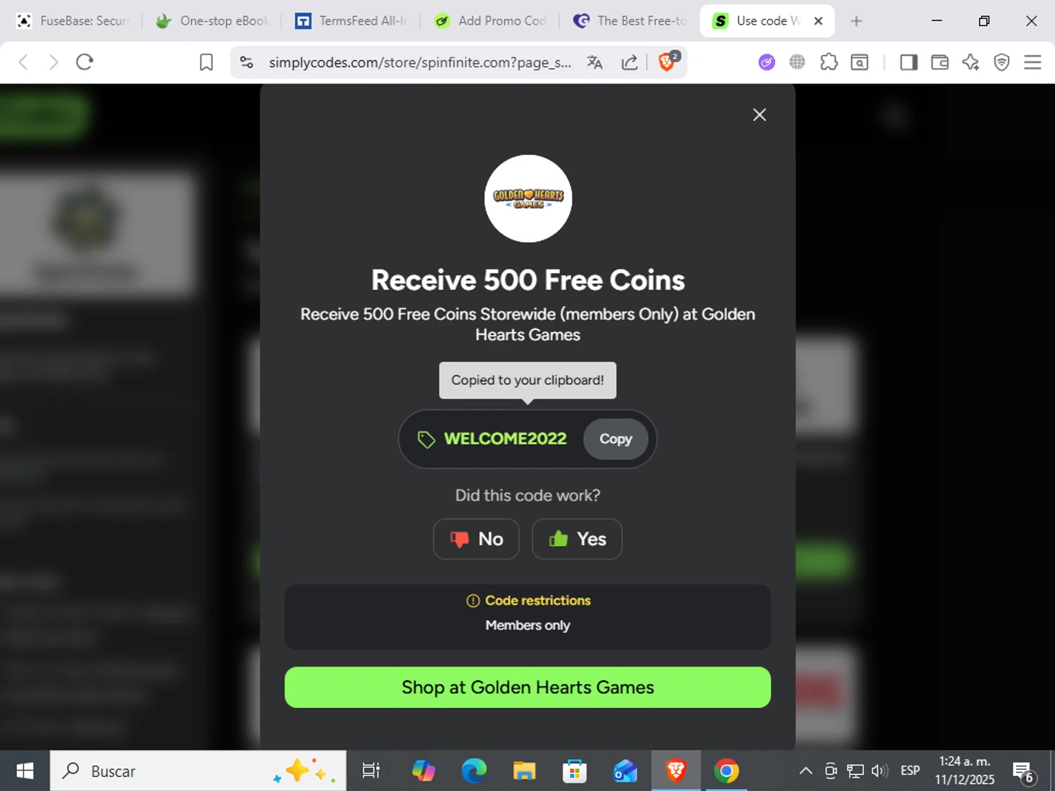 Golden Hearts Games promo code screenshot showing code WELCOME2022 applied at Golden Hearts Games checkout page. Uploaded by SimplyCodes community member ScanWarden9985 on Dec 11, 2025