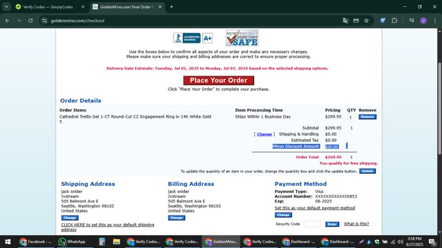 GoldenMine checkout page showing GoldenMine promo code box | Screenshot taken by SimplyCodes community member on Jun 27, 2025