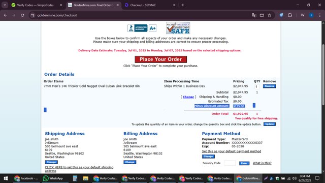 GoldenMine checkout page showing GoldenMine promo code box | Screenshot taken by SimplyCodes community member on Jun 27, 2025