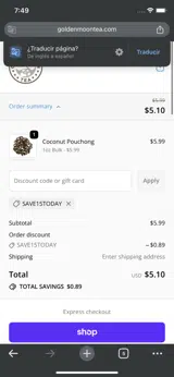 SAVE15TODAY coupon verification screenshot