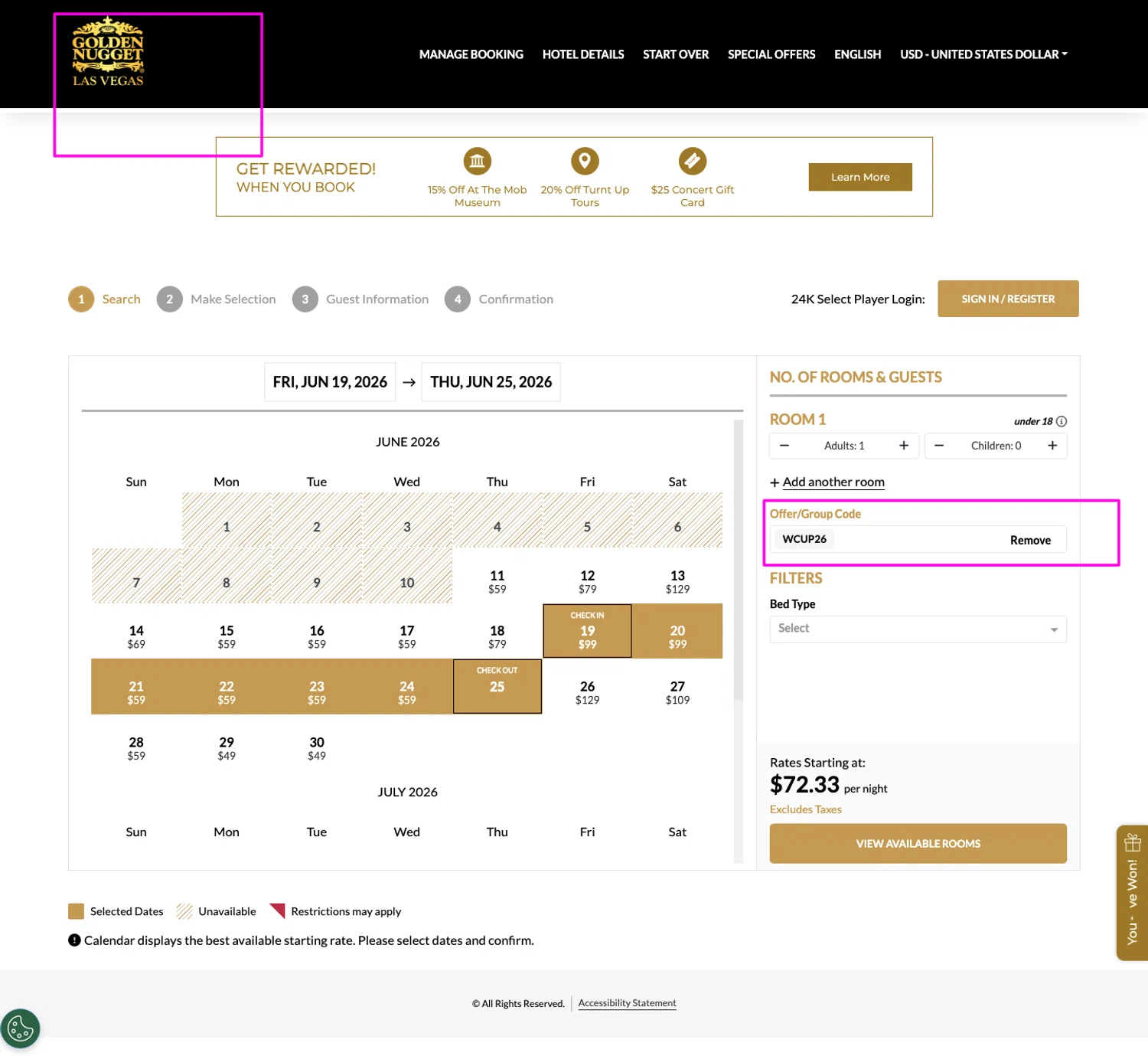 Golden Nugget promo code screenshot showing code WCUP26 applied at Golden Nugget checkout page. Uploaded by SimplyCodes community member chandlerbing on Jun 11, 2026