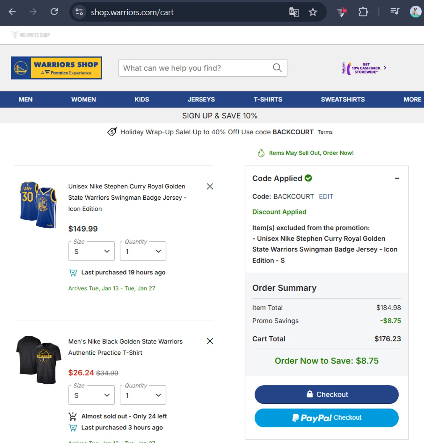 Golden State Warriors Shop checkout page showing Golden State Warriors Shop promo code box | Screenshot taken by SimplyCodes community member on Dec 29, 2025