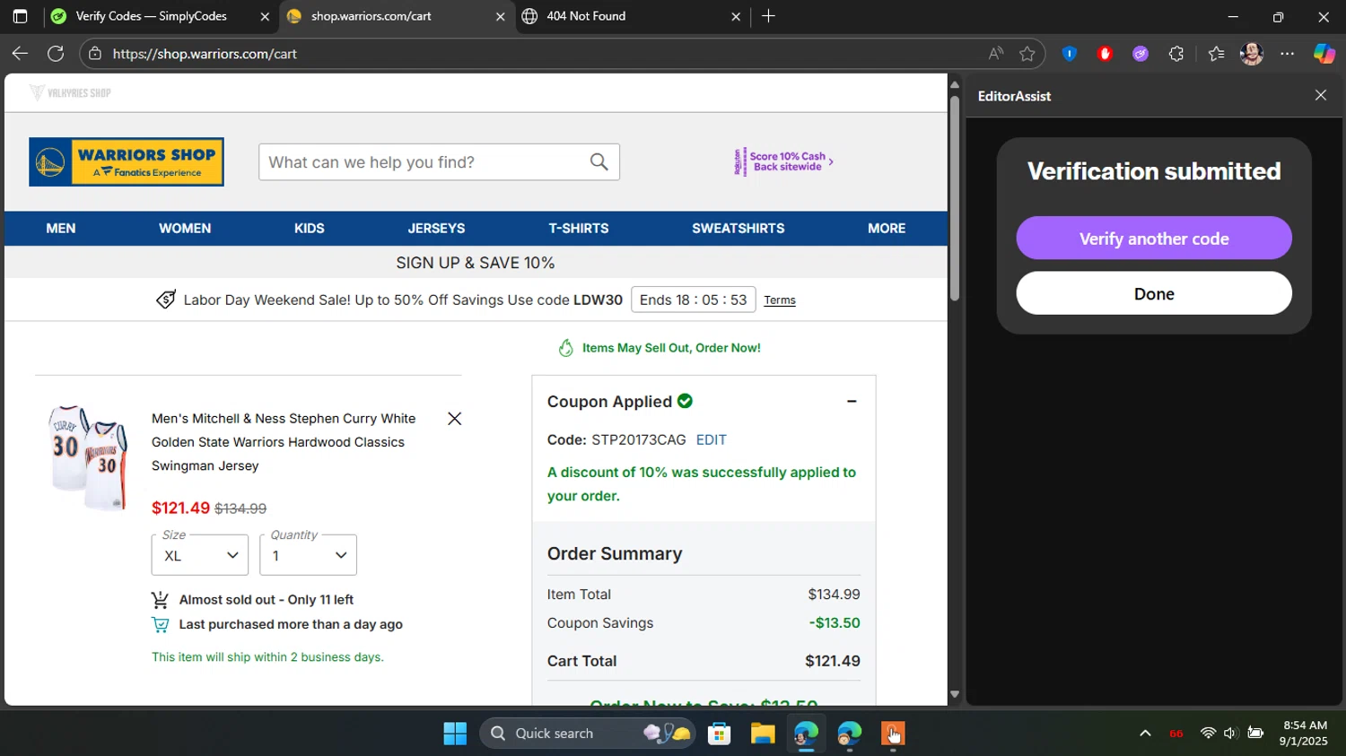 Golden State Warriors Shop promo code screenshot showing code STP20173CAG applied at Golden State Warriors Shop checkout page. Uploaded by SimplyCodes community member Blackleg_Sanji on Sep 1, 2025