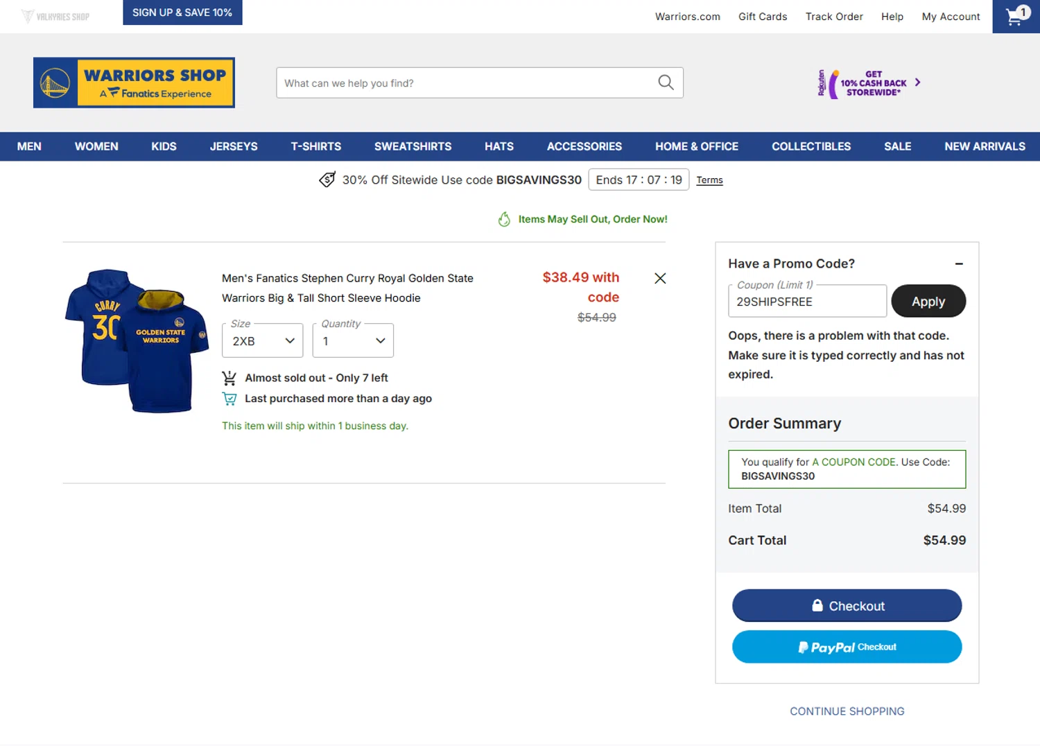 Golden State Warriors Shop promo code screenshot showing code 29SHIPSFREE applied at Golden State Warriors Shop checkout page. Uploaded by SimplyCodes community member BudgetSage1378 on Nov 18, 2025