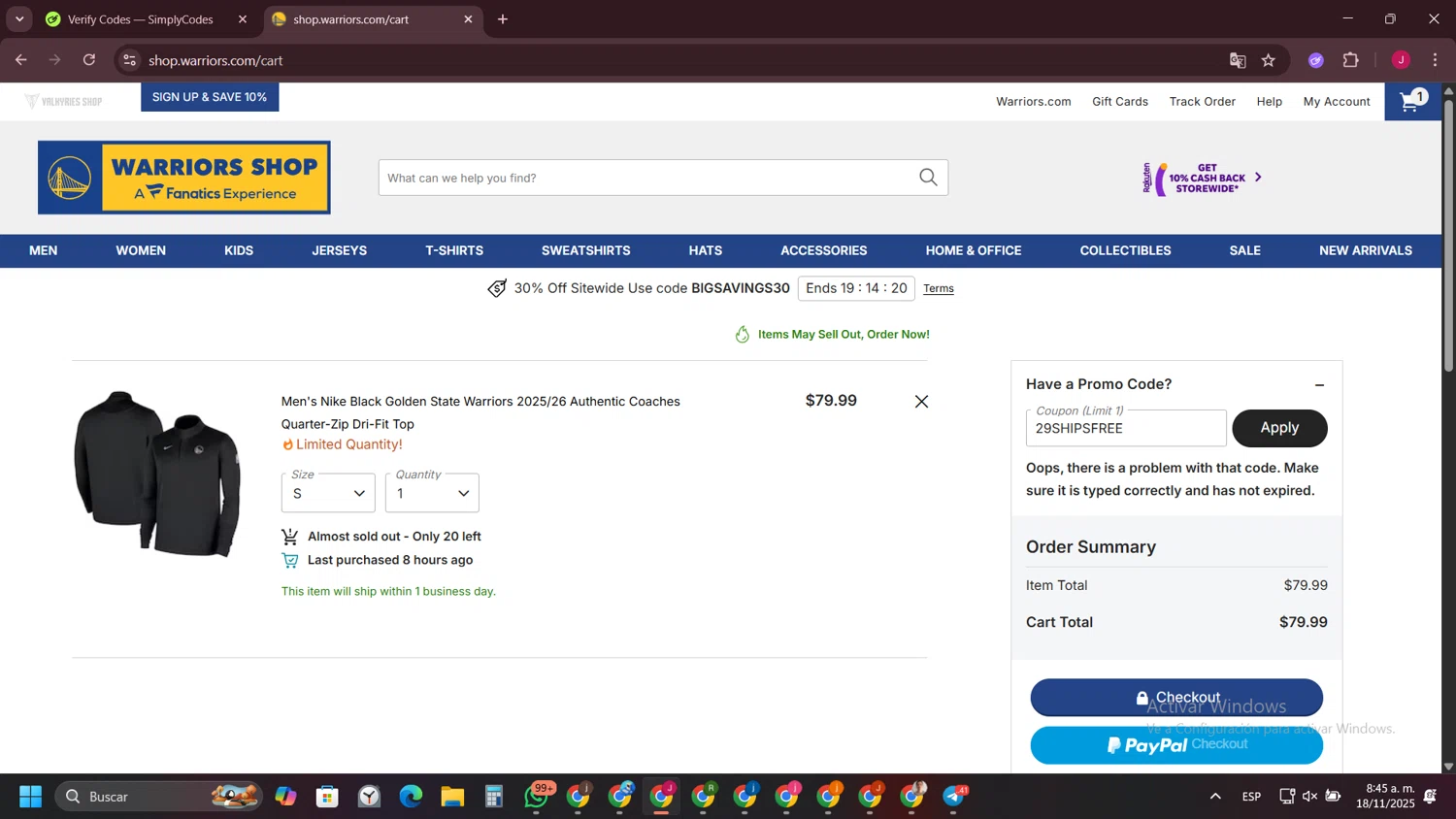 Golden State Warriors Shop promo code screenshot showing code 29SHIPSFREE applied at Golden State Warriors Shop checkout page. Uploaded by SimplyCodes community member FrugalFinder745 on Nov 18, 2025