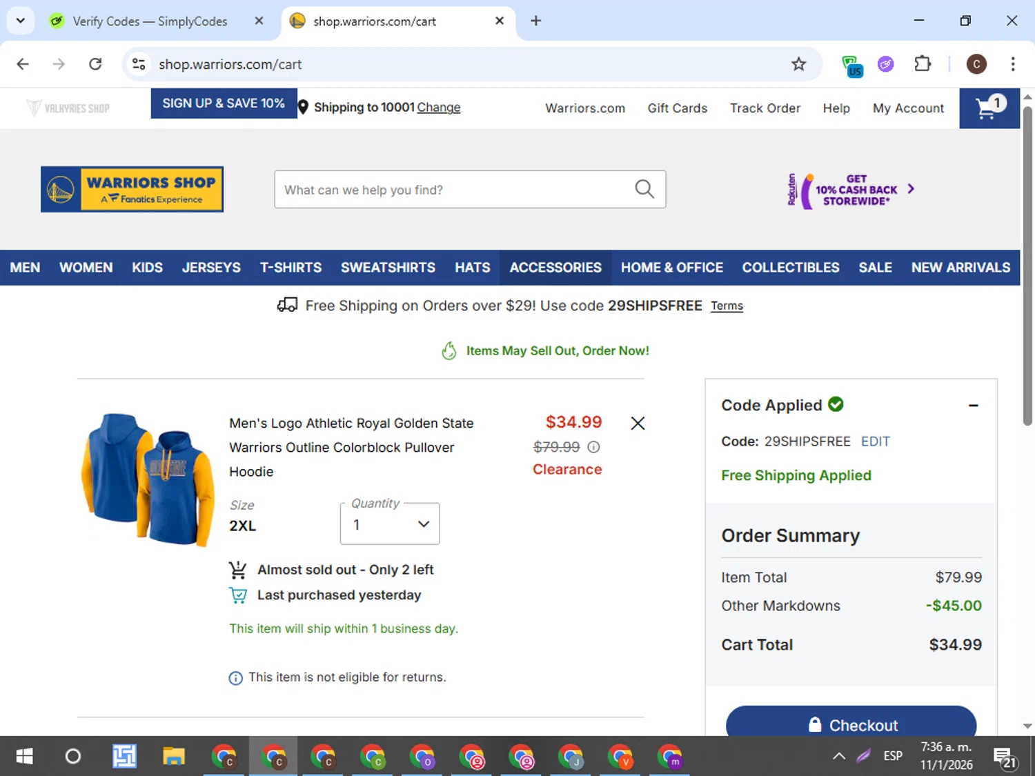 Golden State Warriors Shop checkout page showing Golden State Warriors Shop promo code box | Screenshot taken by SimplyCodes community member on Jan 11, 2026