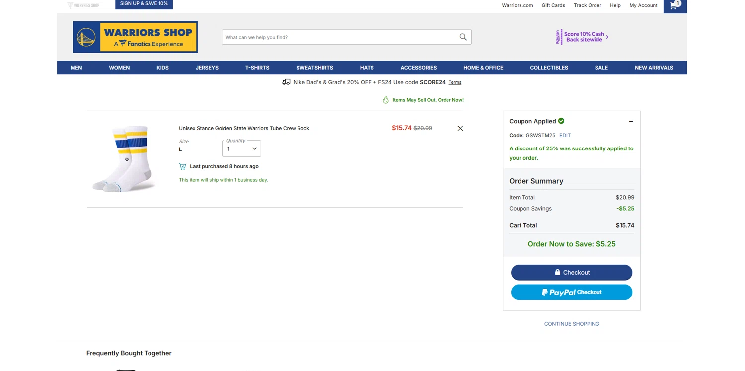 Golden State Warriors Shop promo code screenshot showing code GSWSTM25 applied at Golden State Warriors Shop checkout page. Uploaded by SimplyCodes community member BrilliantVoyager5752 on Jun 11, 2025