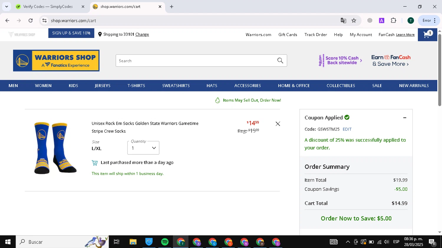 Golden State Warriors Shop promo code screenshot showing code GSWSTM25 applied at Golden State Warriors Shop checkout page. Uploaded by SimplyCodes community member SavvyPro1592 on Mar 29, 2025
