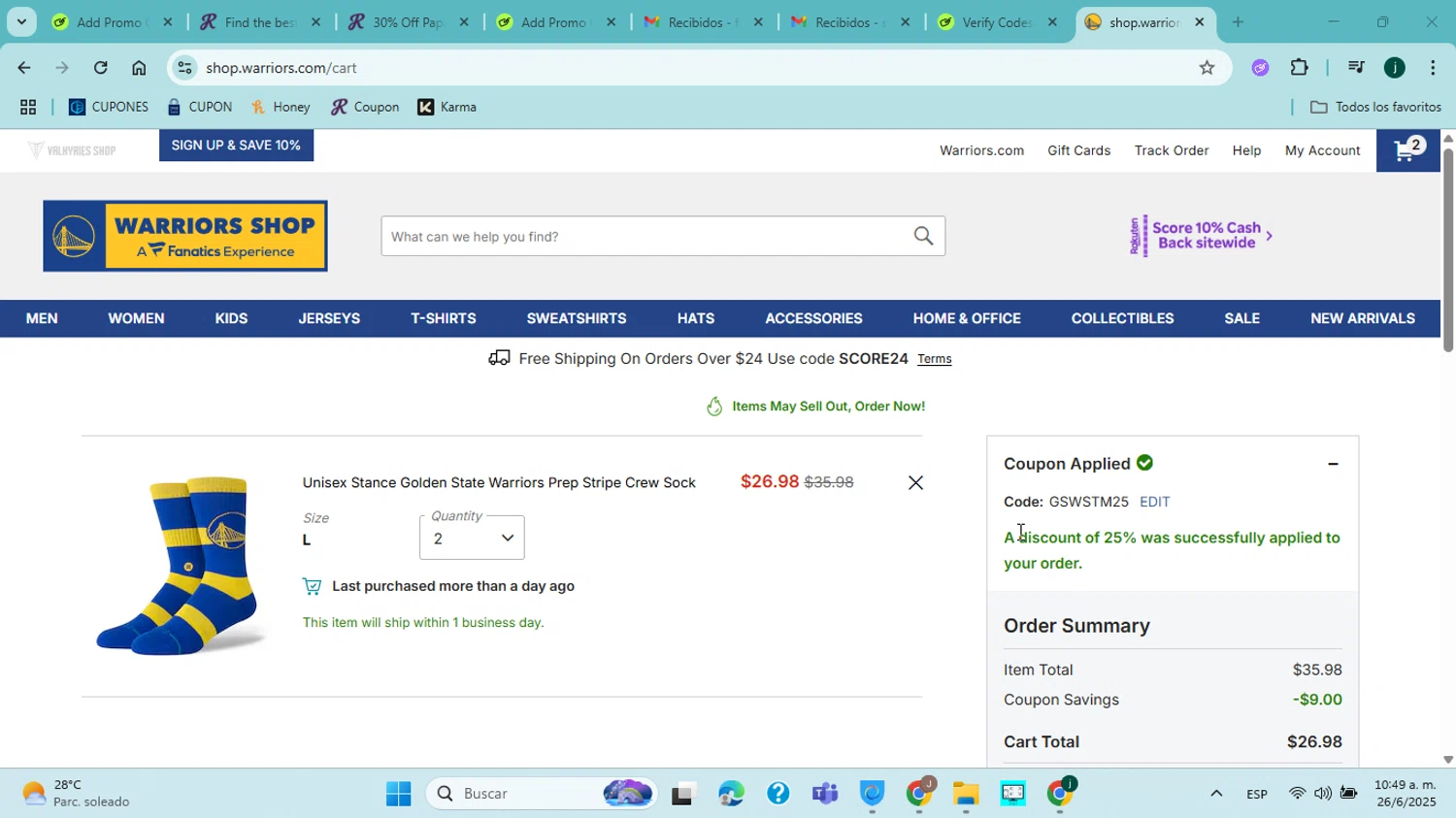 Golden State Warriors Shop promo code screenshot showing code GSWSTM25 applied at Golden State Warriors Shop checkout page. Uploaded by SimplyCodes community member jorgejavierherrera on Jun 26, 2025